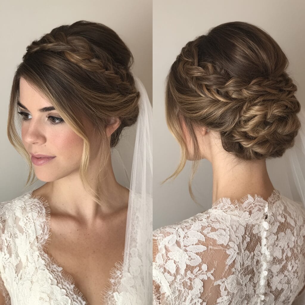 Elegant low bun bridal hairstyle, secured against wind movement