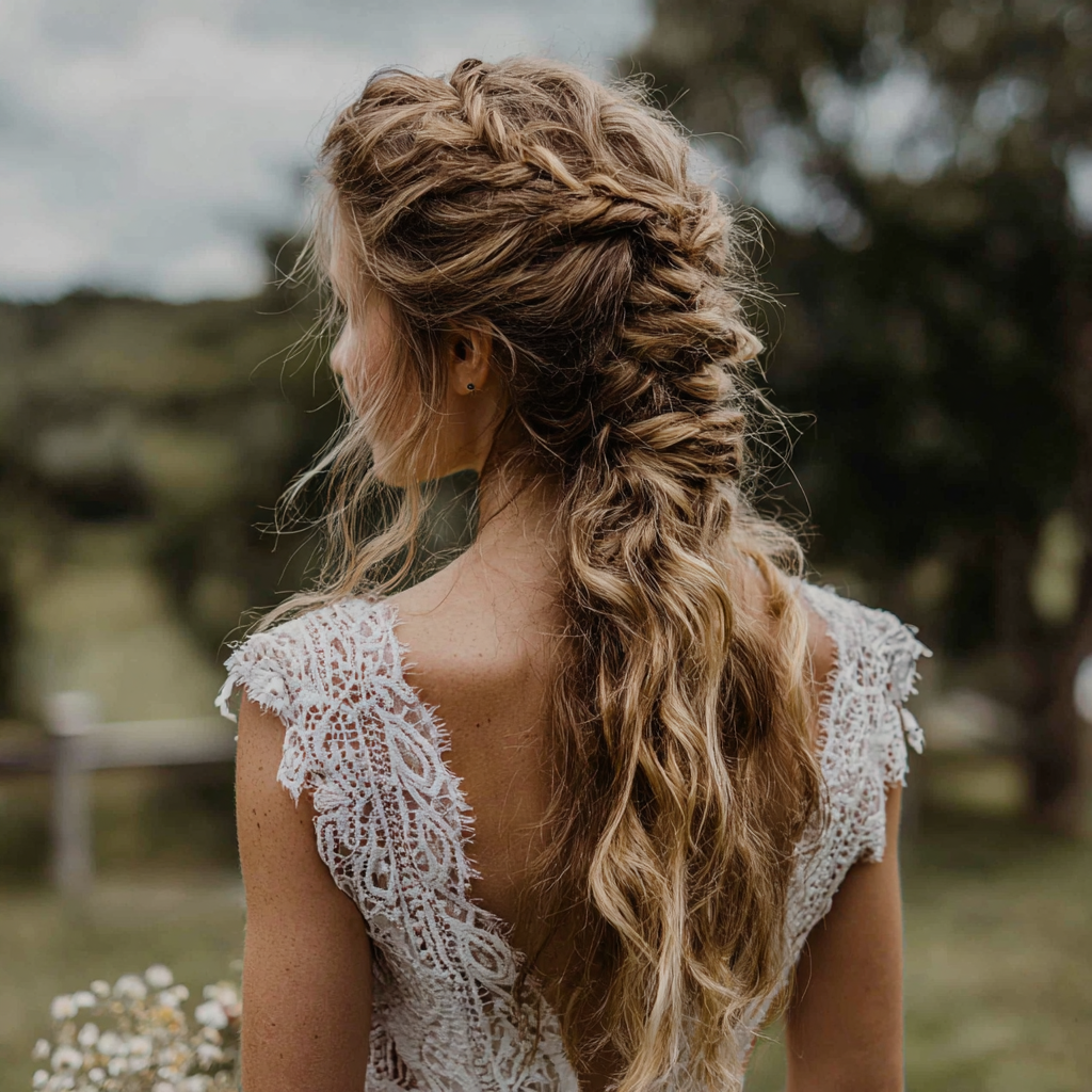 loose boho braid wedding hairstyle for long hair romantic bridal look back view
