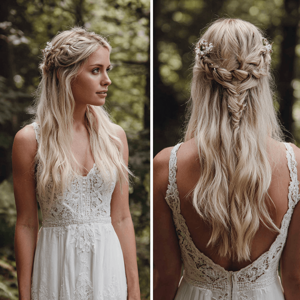 Half-up half-down bridal hairstyle for long hair, soft volume and flow