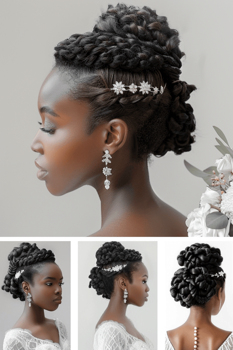 Bridal hairstyles for coily hair, natural curls and updo variations collage