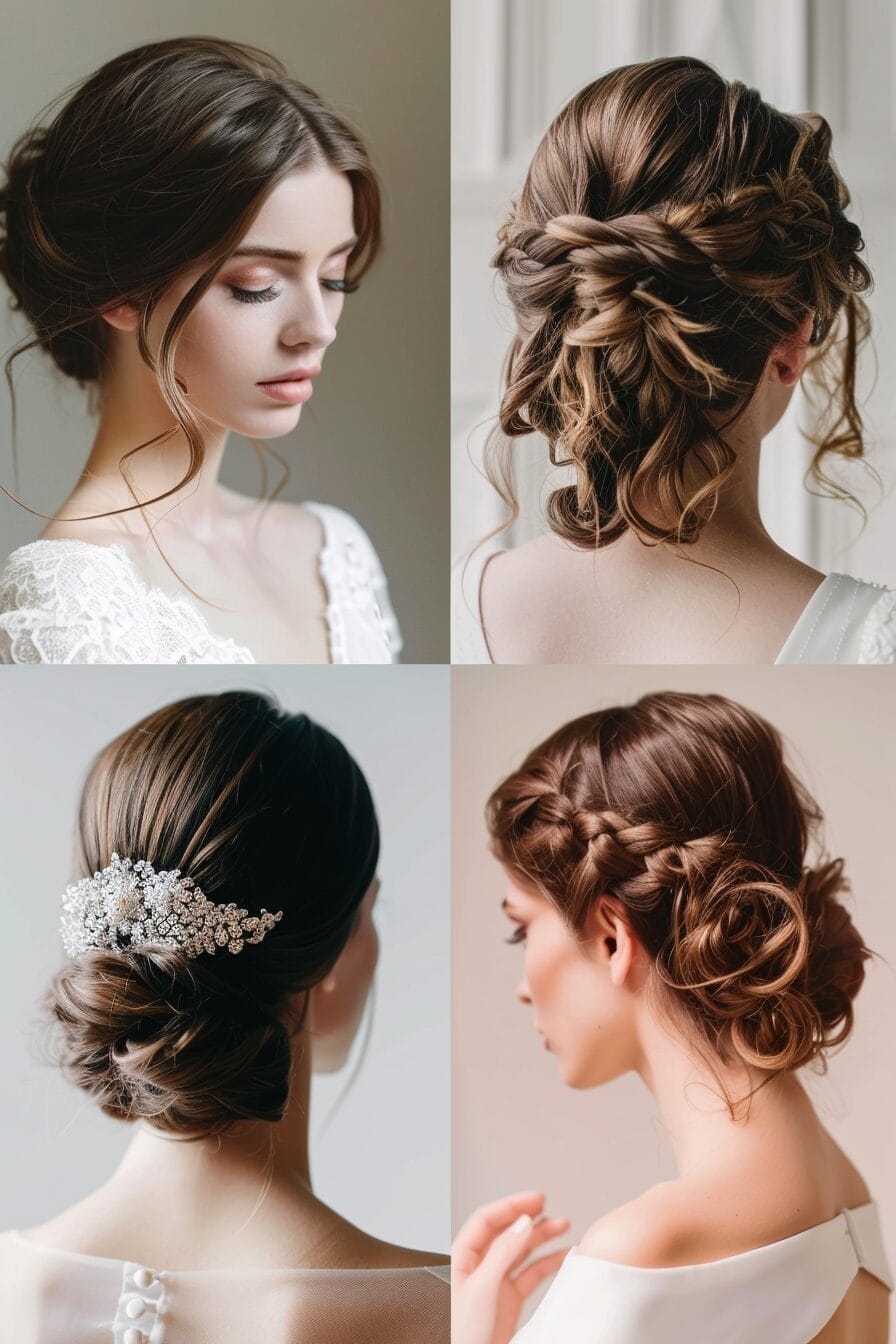 Verschiedene Brautfrisuren für umgekehrte Dreiecksform, gleichen ein schmales Kinn aus