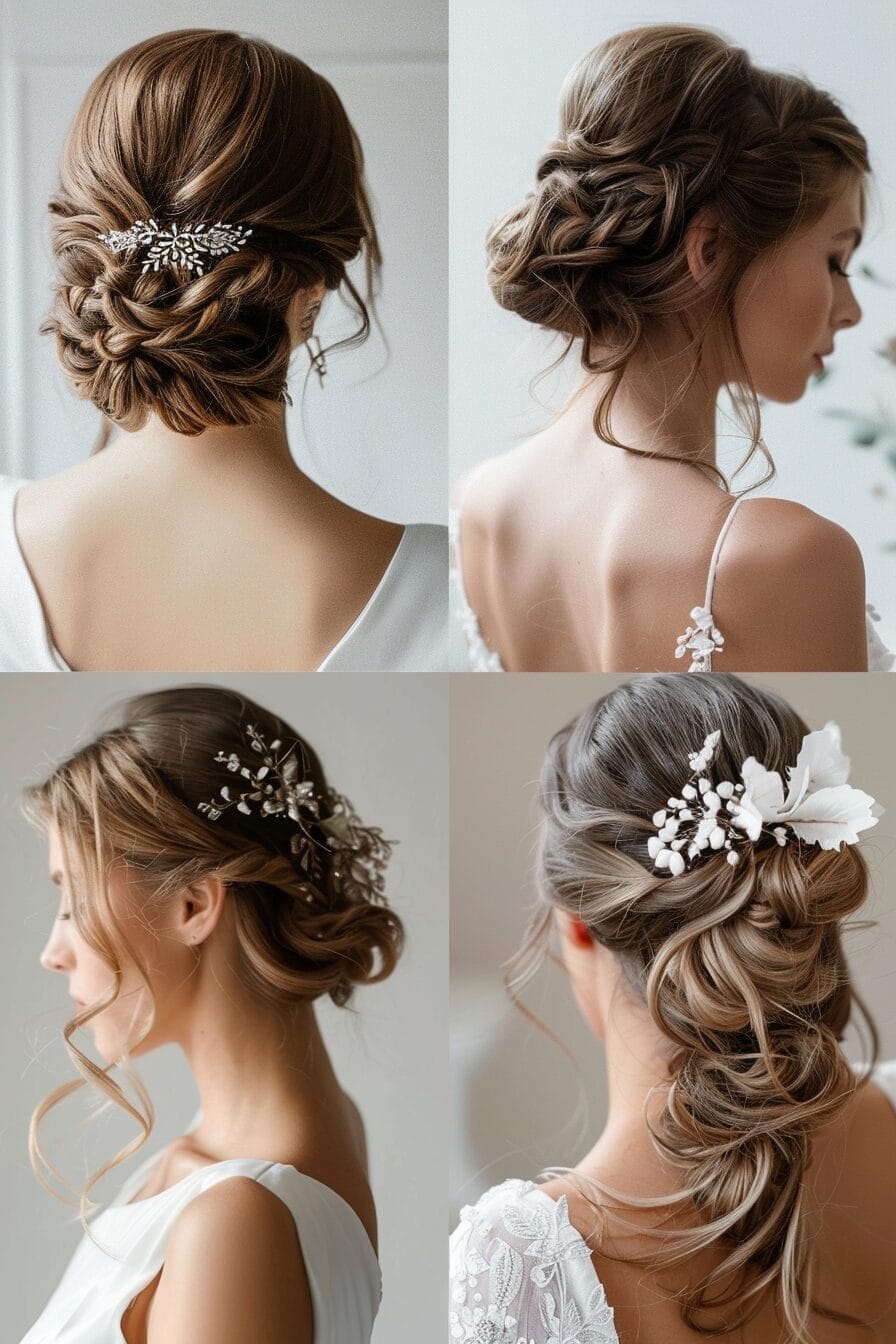 Soft bridal hairstyle for heart face, adding volume around jawline
