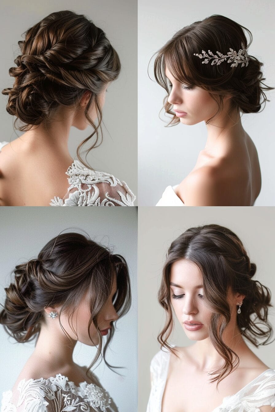 Low bun with face-framing strands, romantic bridal hairstyle that lasts outdoors
