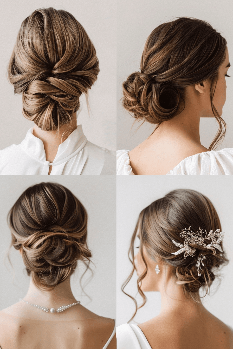 Bridal hairstyles for straight hair, low bun variations elegant back view