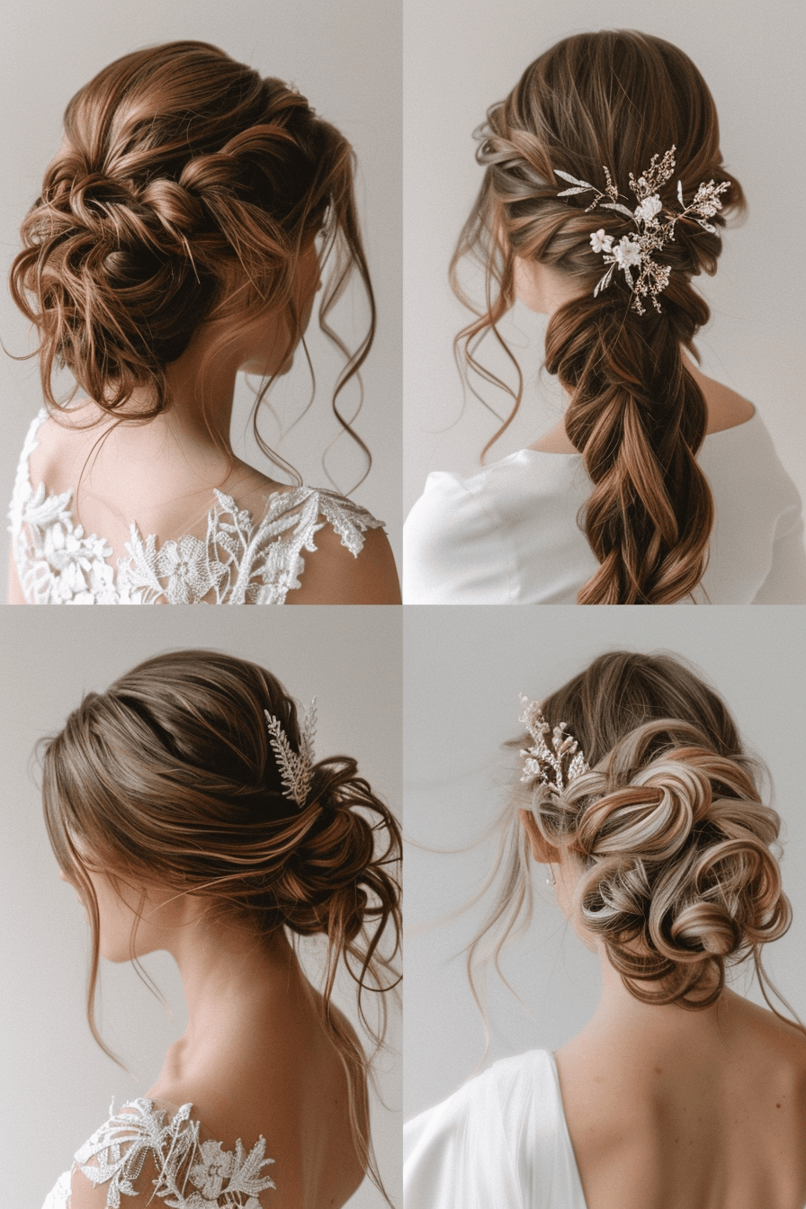 Bridal hairstyles for thick hair, structured low bun and updo variations collage