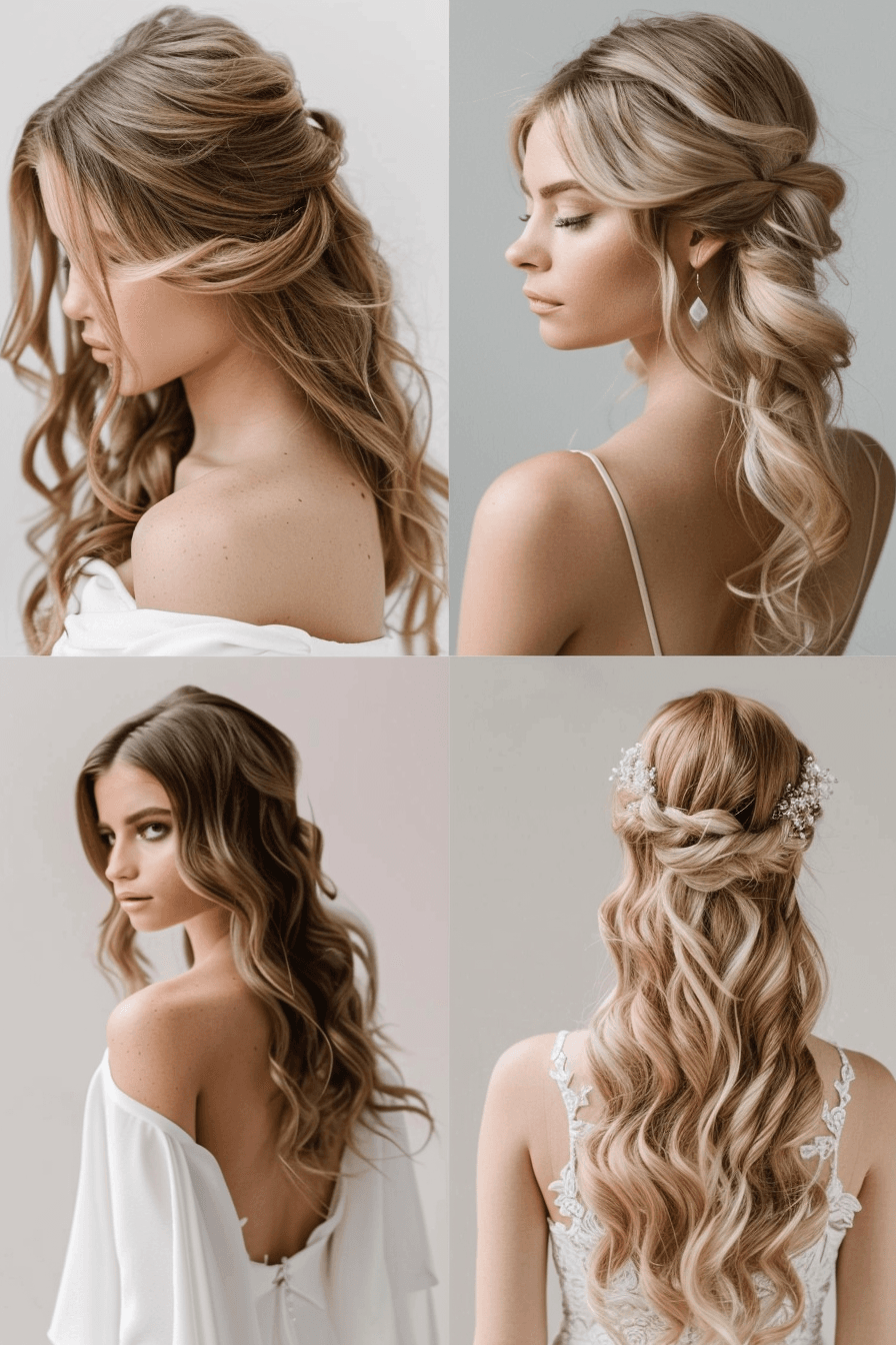 Bridal hairstyles for wavy hair, soft waves and low bun variations collage
