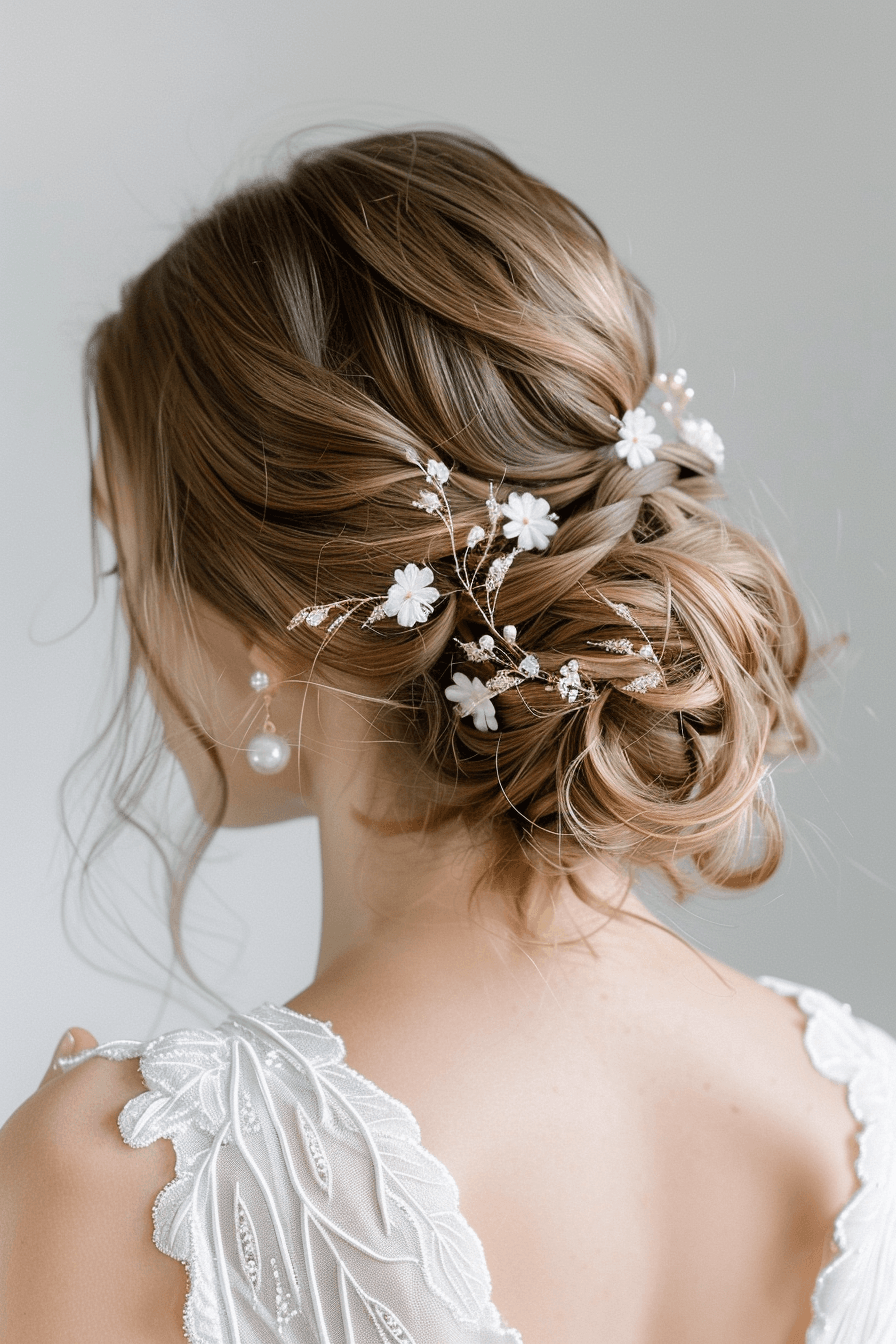 Wedding guest hairstyle with hair accessories, soft and stylish look