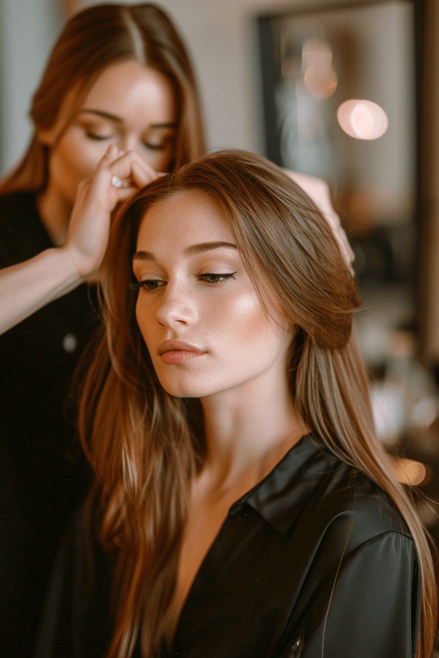 Bride with straight hair sleek low bun hairstyle, minimal elegant bridal look