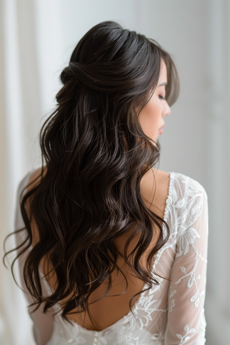 bridal hairstyle for dark hair, back view, long dark brunette hair,