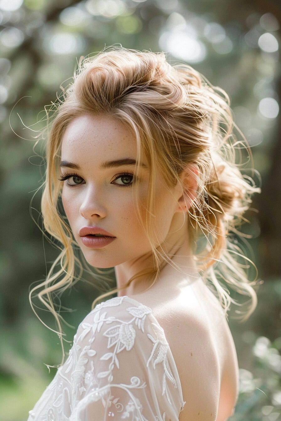 Bridal hairstyle for inverted triangle face, balancing wider forehead and narrow chin