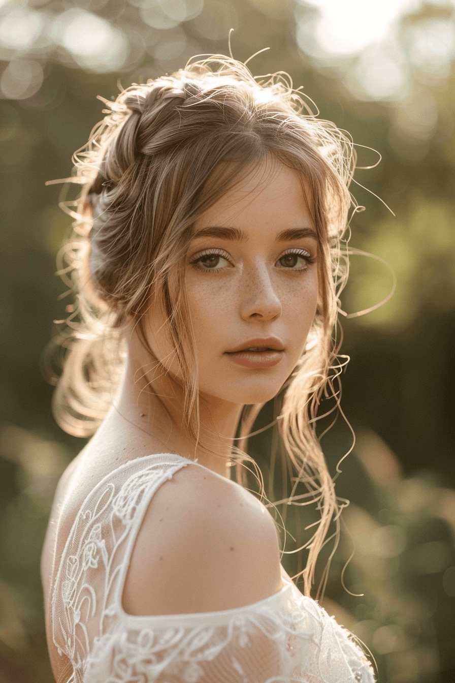 Bridal hairstyle for round face with long hair, soft waves and volume