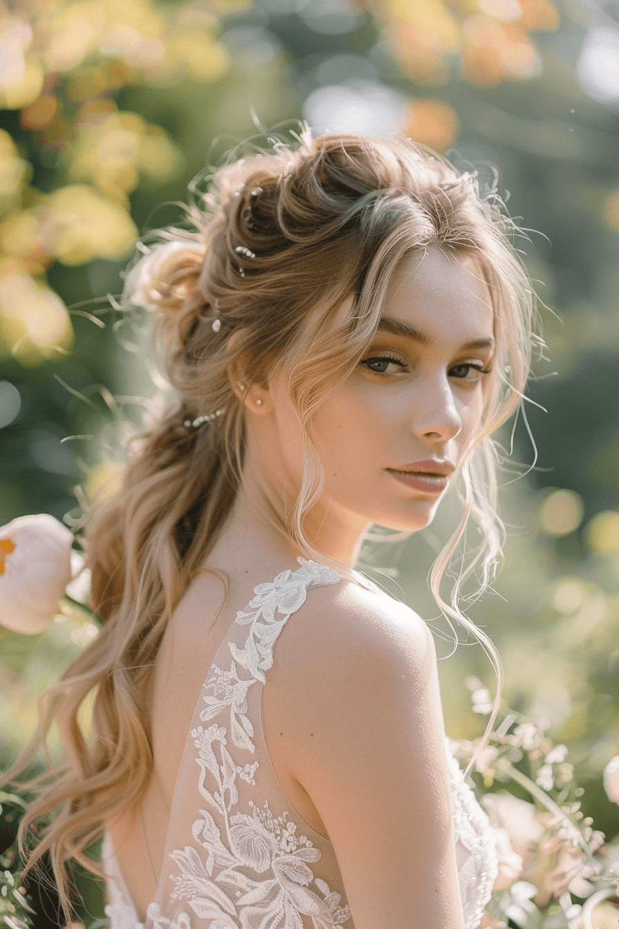 Soft voluminous bridal hairstyle for long hair, romantic and airy