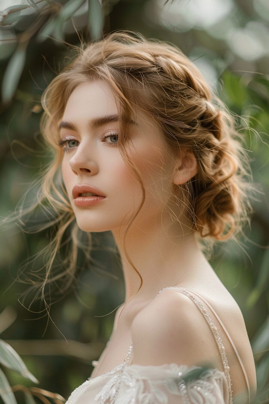 Bridal hairstyle for triangle face shape, adding volume at crown for balance