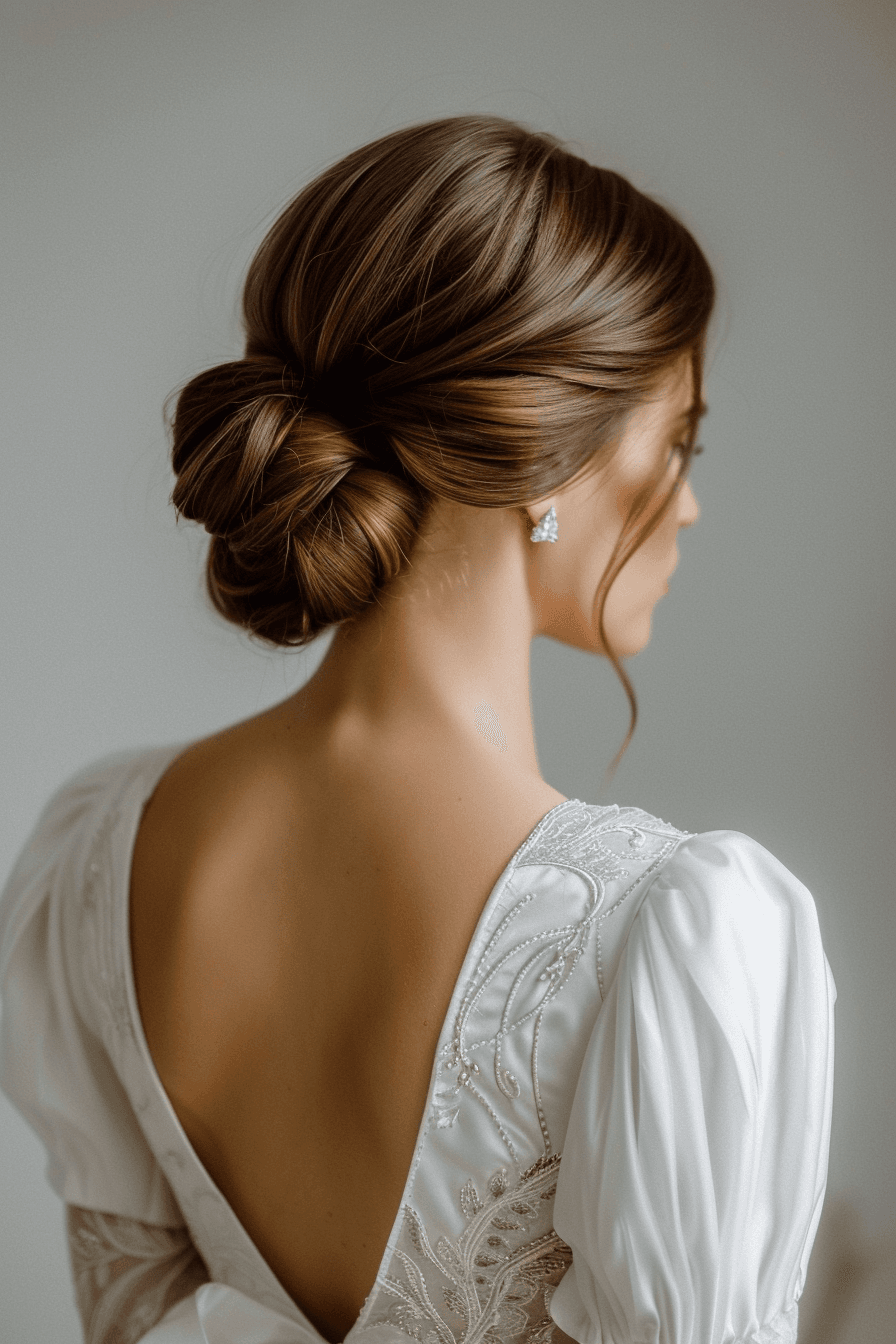 Low bun bridal hairstyle for long hair, structured and elegant look