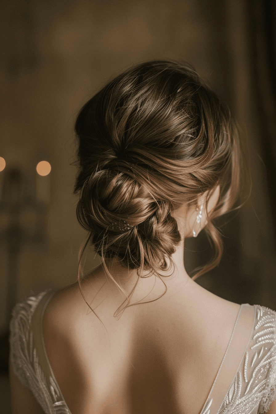 Elegant updo bridal hairstyle for long hair, structured and refined