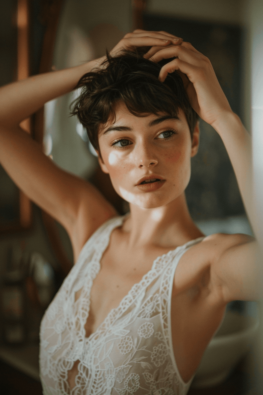 Short bridal hairstyle during preparation, natural and effortless style