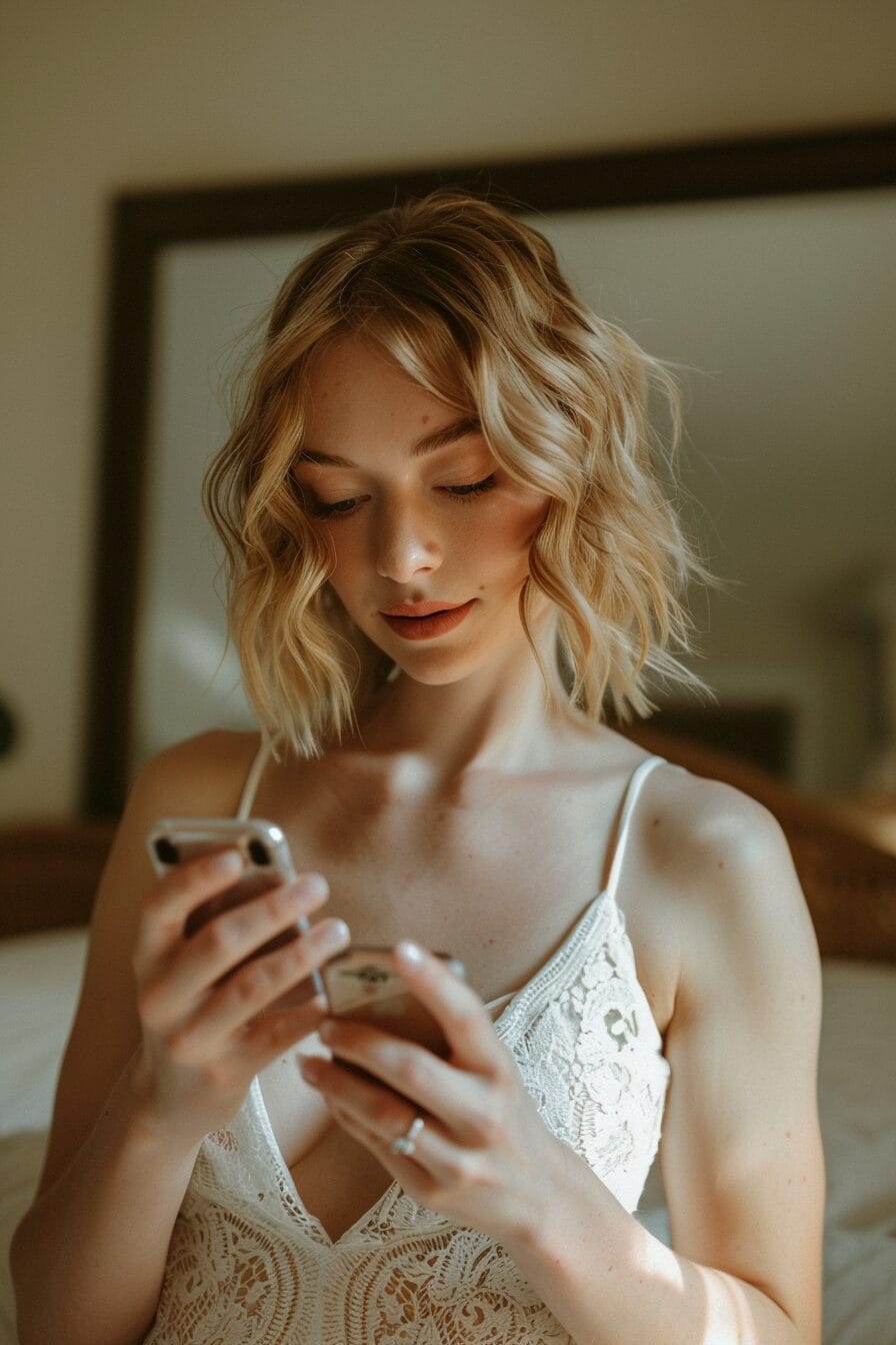 Braut macht Fotos mit weicher Frisur, natürliche Wellen für eckige Gesichtsform