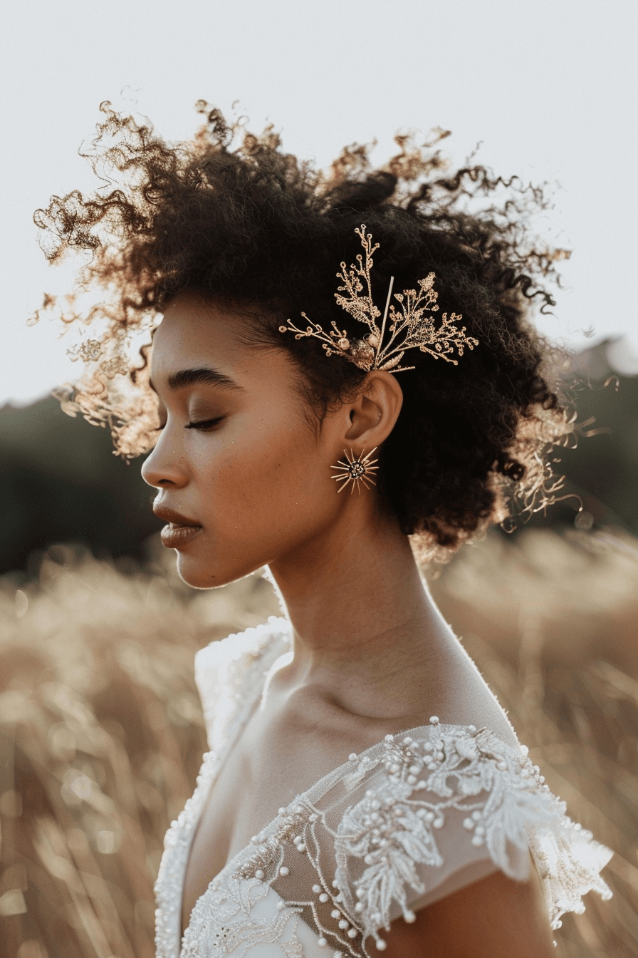 Bridal hairstyle for coily hair with defined natural curls, elegant outdoor bridal look