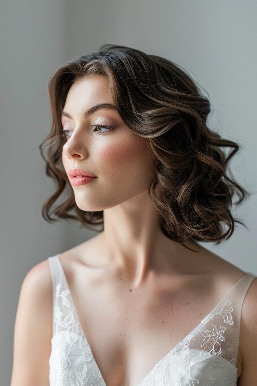 Bridal hairstyle for diamond face shape, softening cheekbones and adding balance