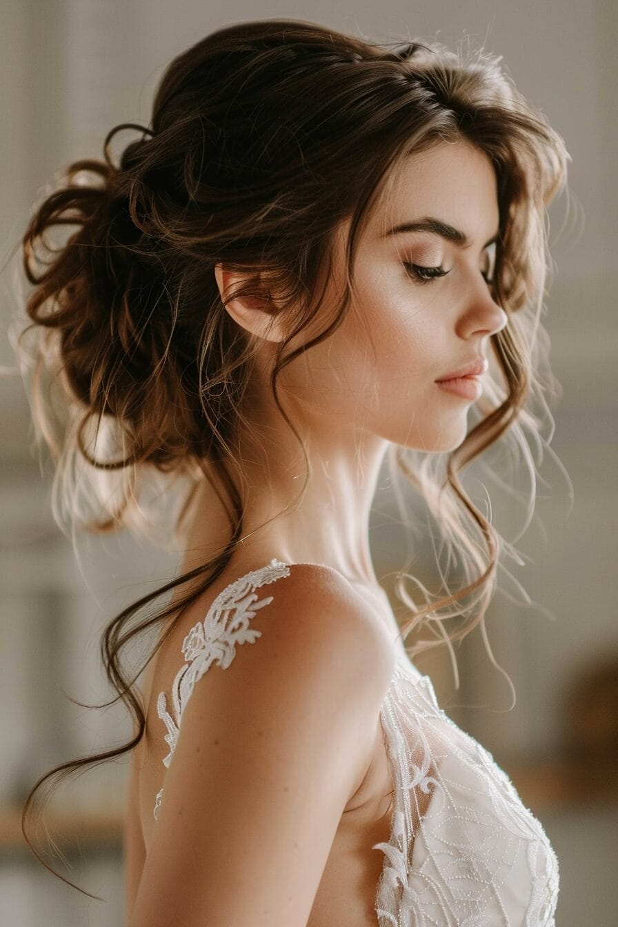 Weiche Brautfrisur für umgekehrte Dreiecksform, natürlich und ausgleichend