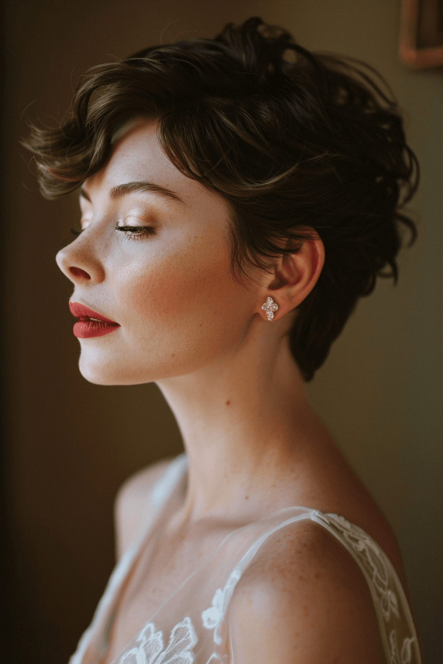 Short bridal hairstyle with soft vintage waves, romantic and timeless