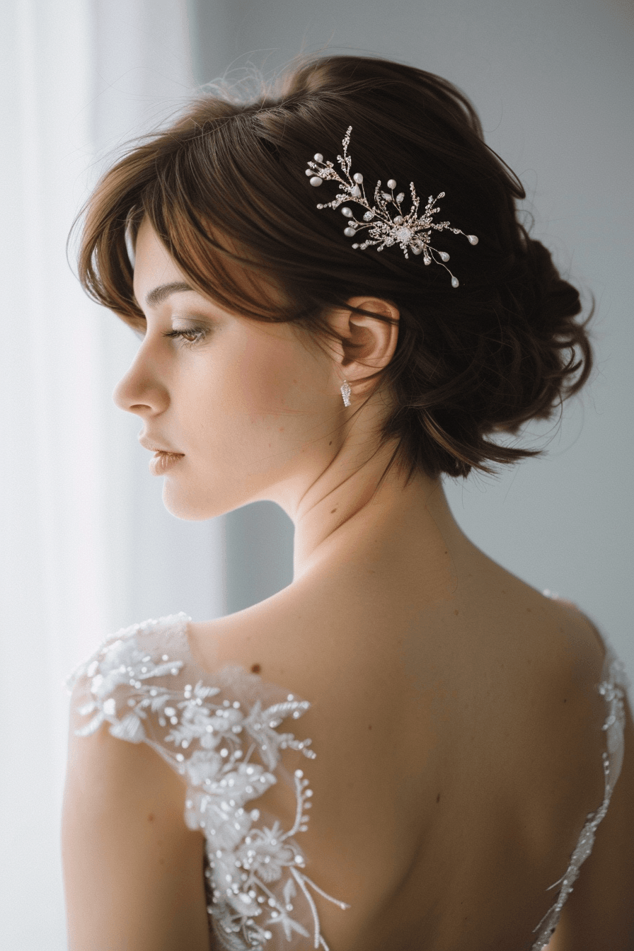 Short bridal hairstyle with delicate accessory, soft and elegant finish