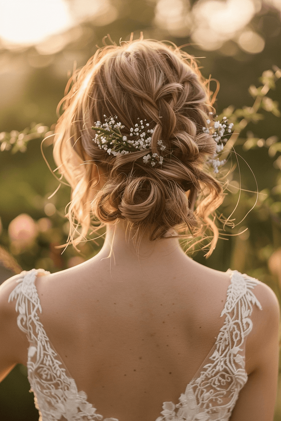 Short lob bridal hairstyle styled half-up, soft and natural volume