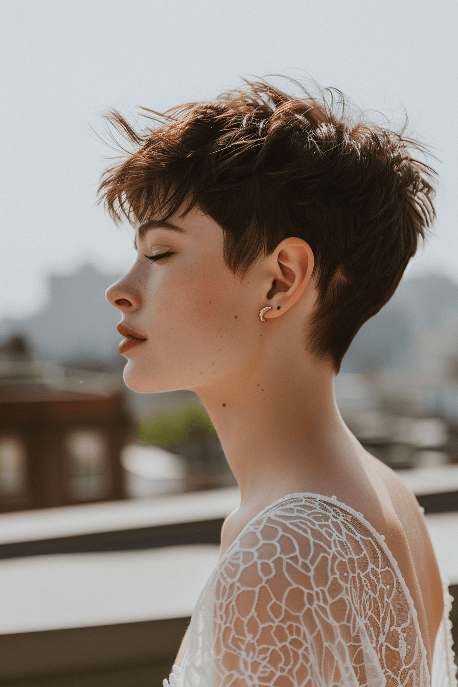 Short pixie bridal hairstyle with texture, modern and bold look