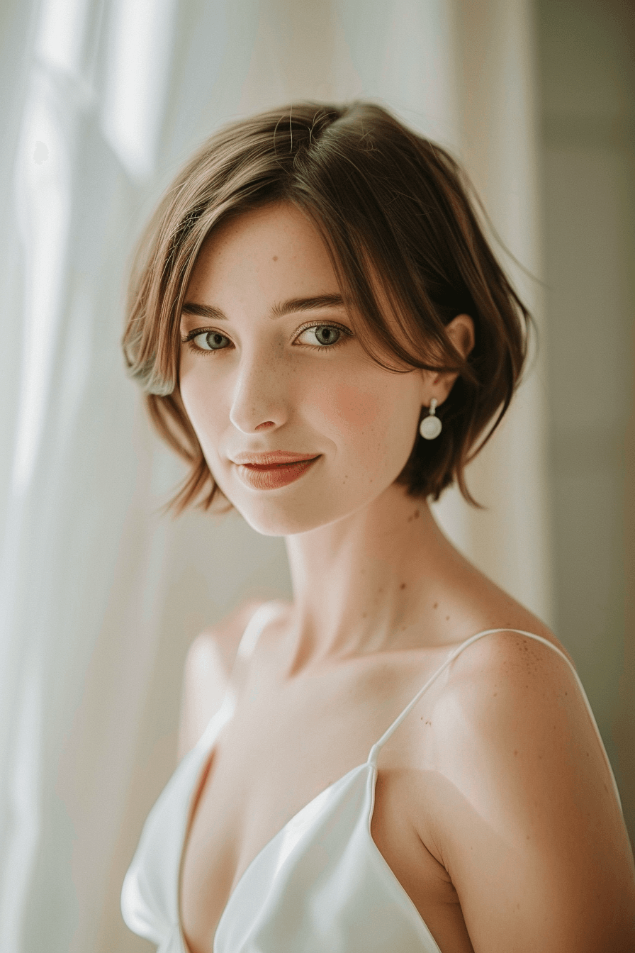 Short textured pixie bridal hairstyle, soft and stylish finish