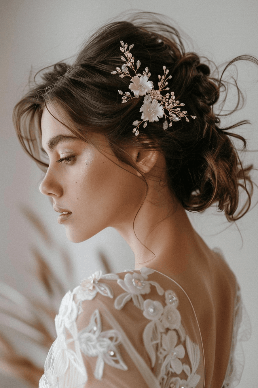 Bride with thick hair, voluminous textured bridal updo with soft details