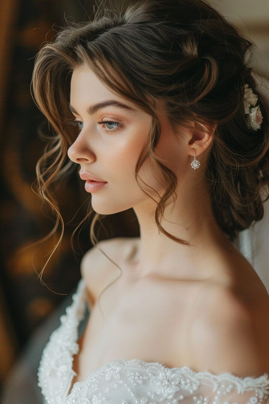 Brautfrisur mit tiefem Seitenscheitel für Dreiecksform, weich und schmeichelhaft
