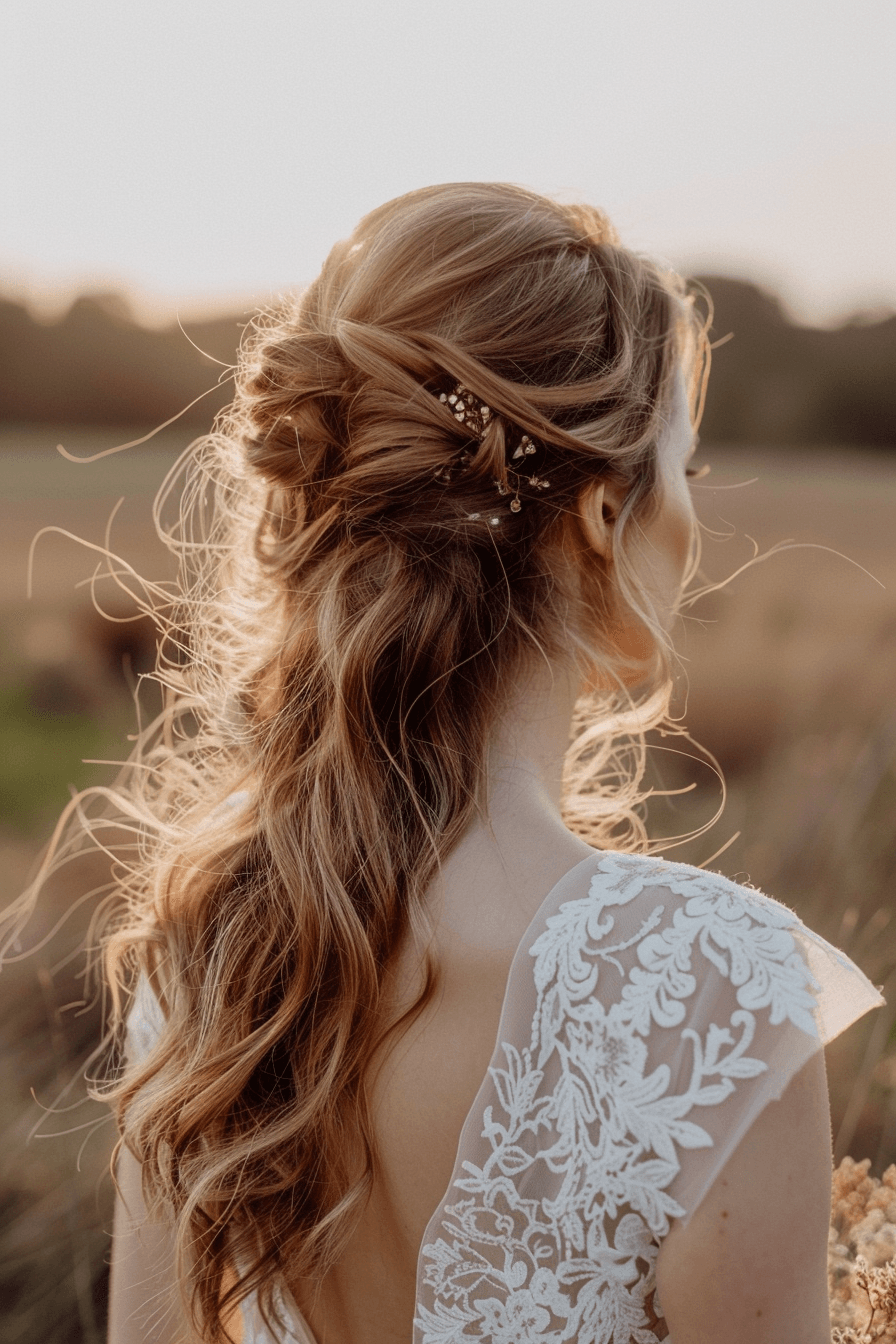 Bride with wavy hair, soft flowing waves in romantic outdoor bridal look