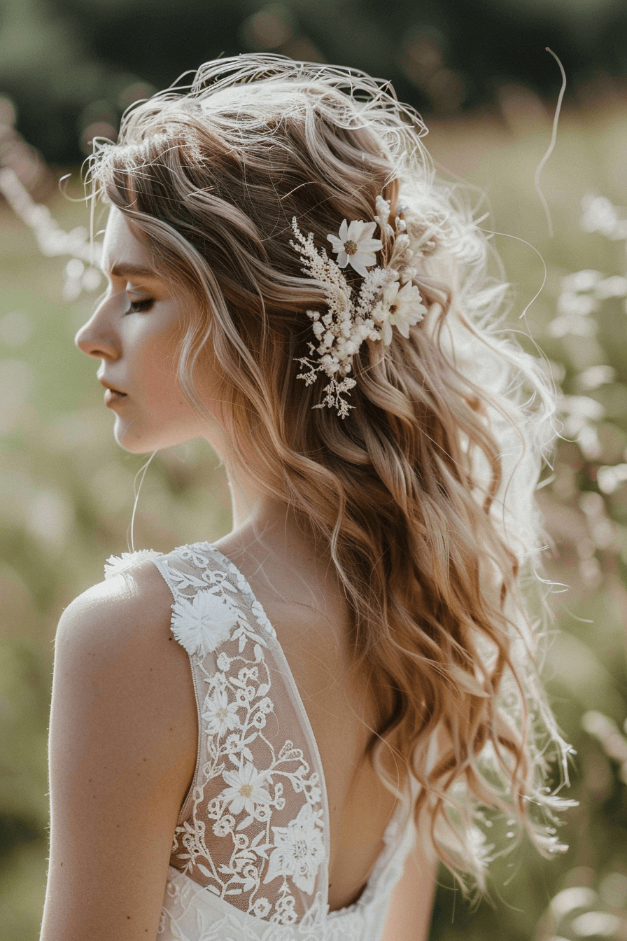 Wavy bridal hairstyle with delicate soft waves, natural and airy texture