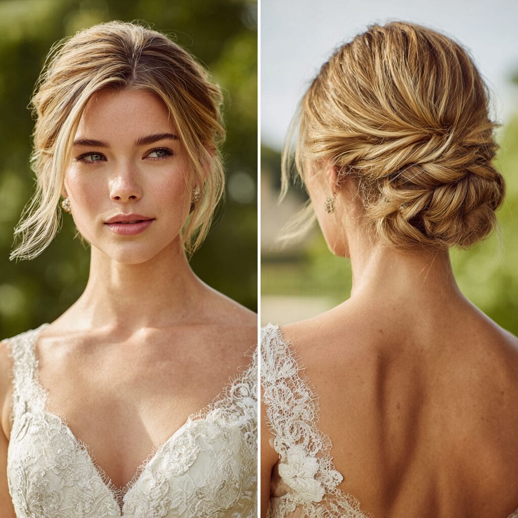 Braided low bun wedding hairstyle with secure and detailed finish