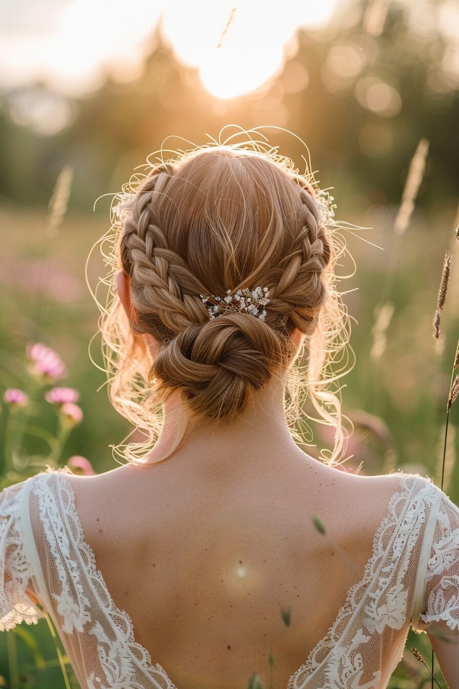 Braided low bun bridal hairstyle, secure and weather-resistant for outdoor weddings