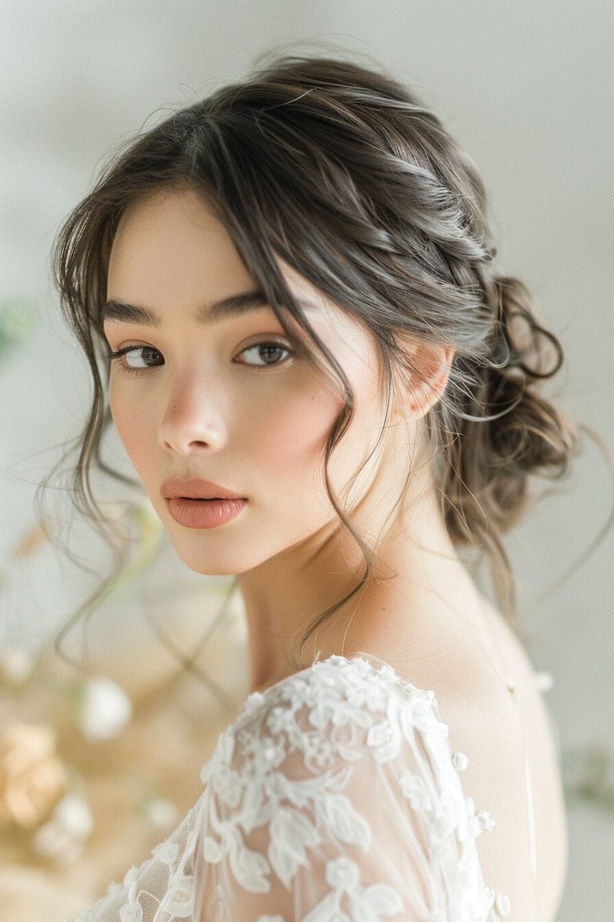 Nahaufnahme weiche Brautfrisur für ovale Gesichtsform, sanfte Struktur