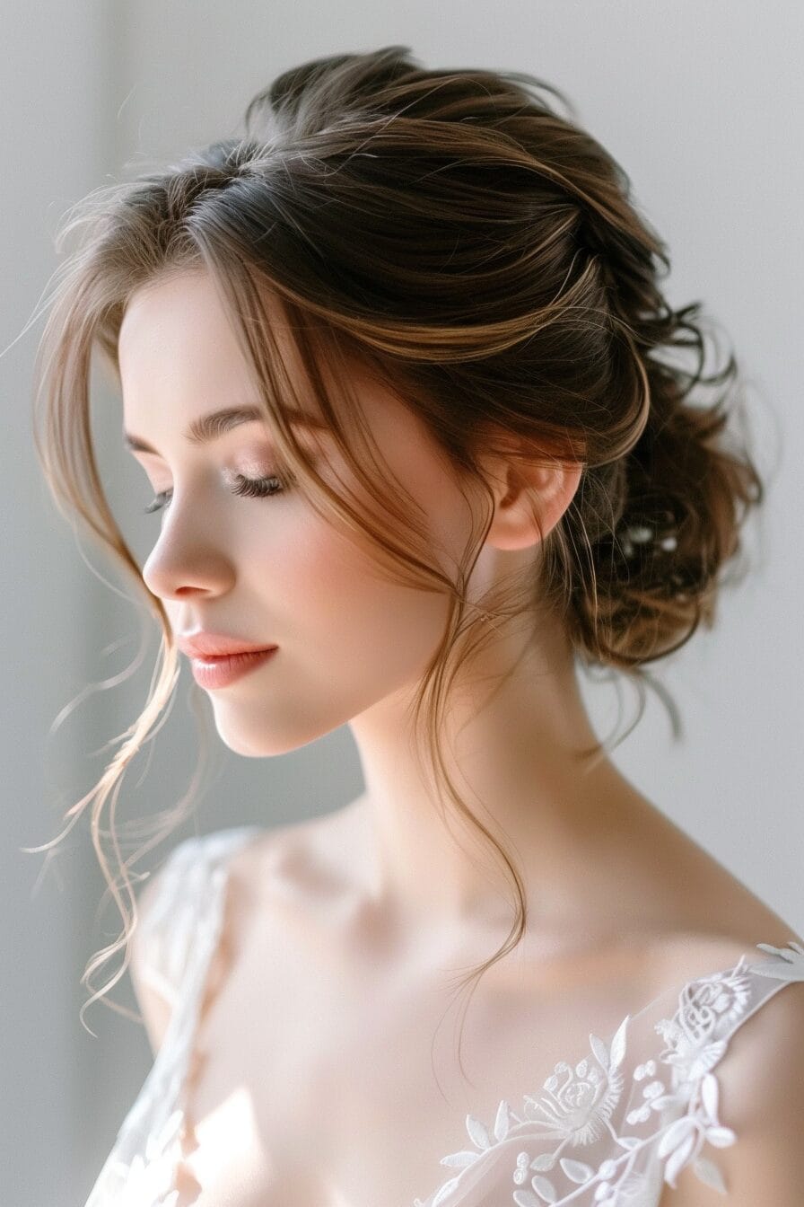 Nahaufnahme Brautfrisur für Dreiecksform, weiche Gesichtsumrahmung