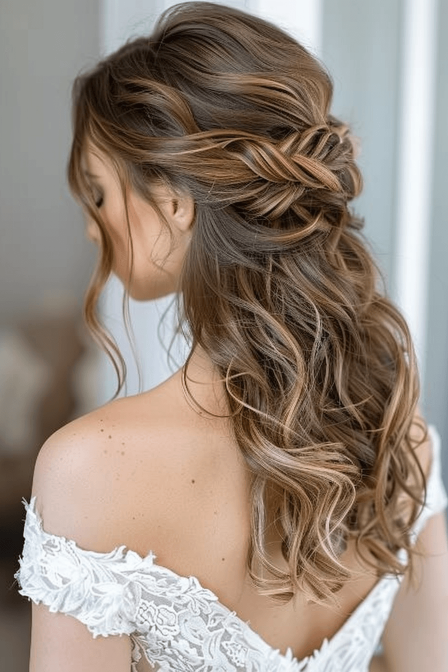 Close-up wavy bridal hairstyle for long hair, defined soft waves