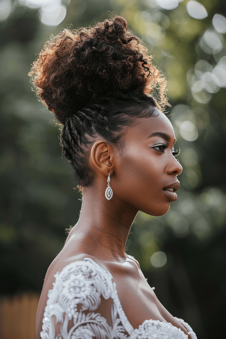 Coily hair bridal puff hairstyle, high volume natural curls