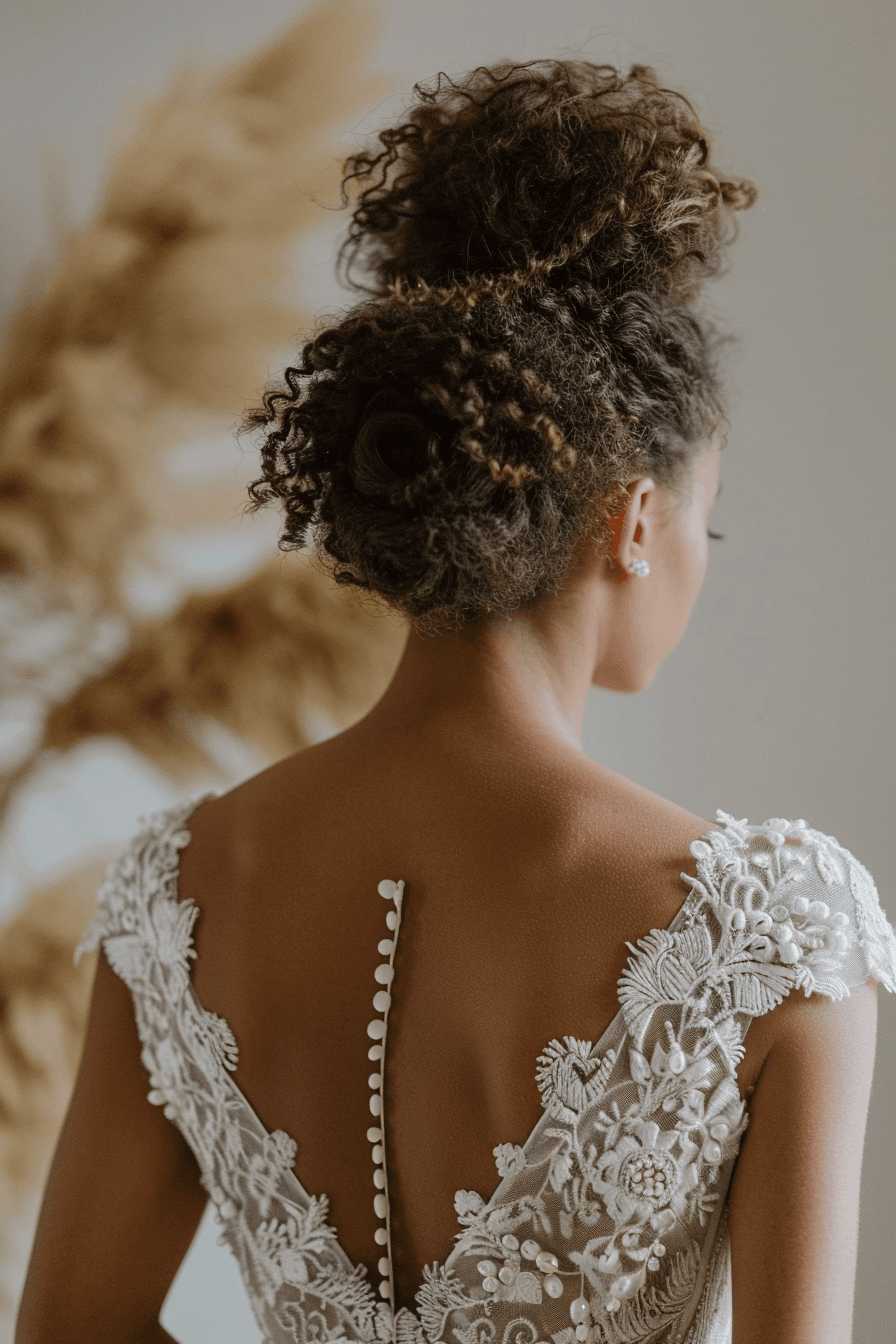 Textured bridal bun hairstyle for coily hair, natural curls visible from back