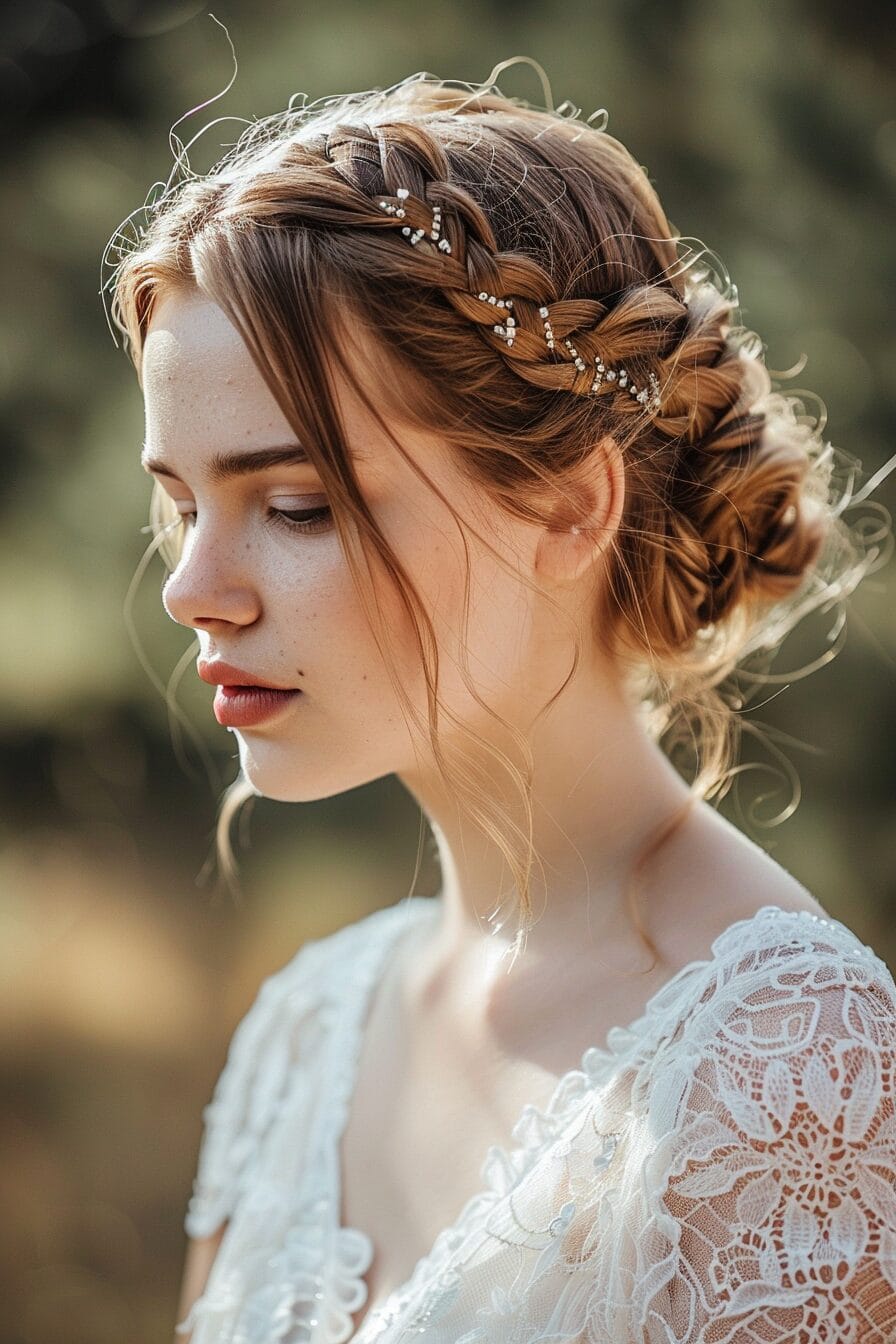 Braided crown with loose waves bridal hairstyle elegant and soft
