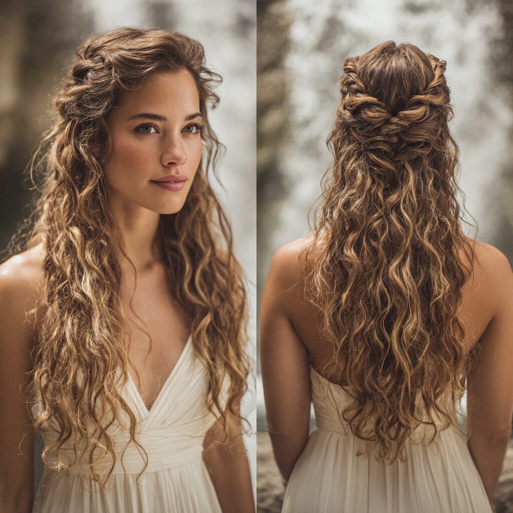 Half-up natural volume wedding hairstyle soft and airy