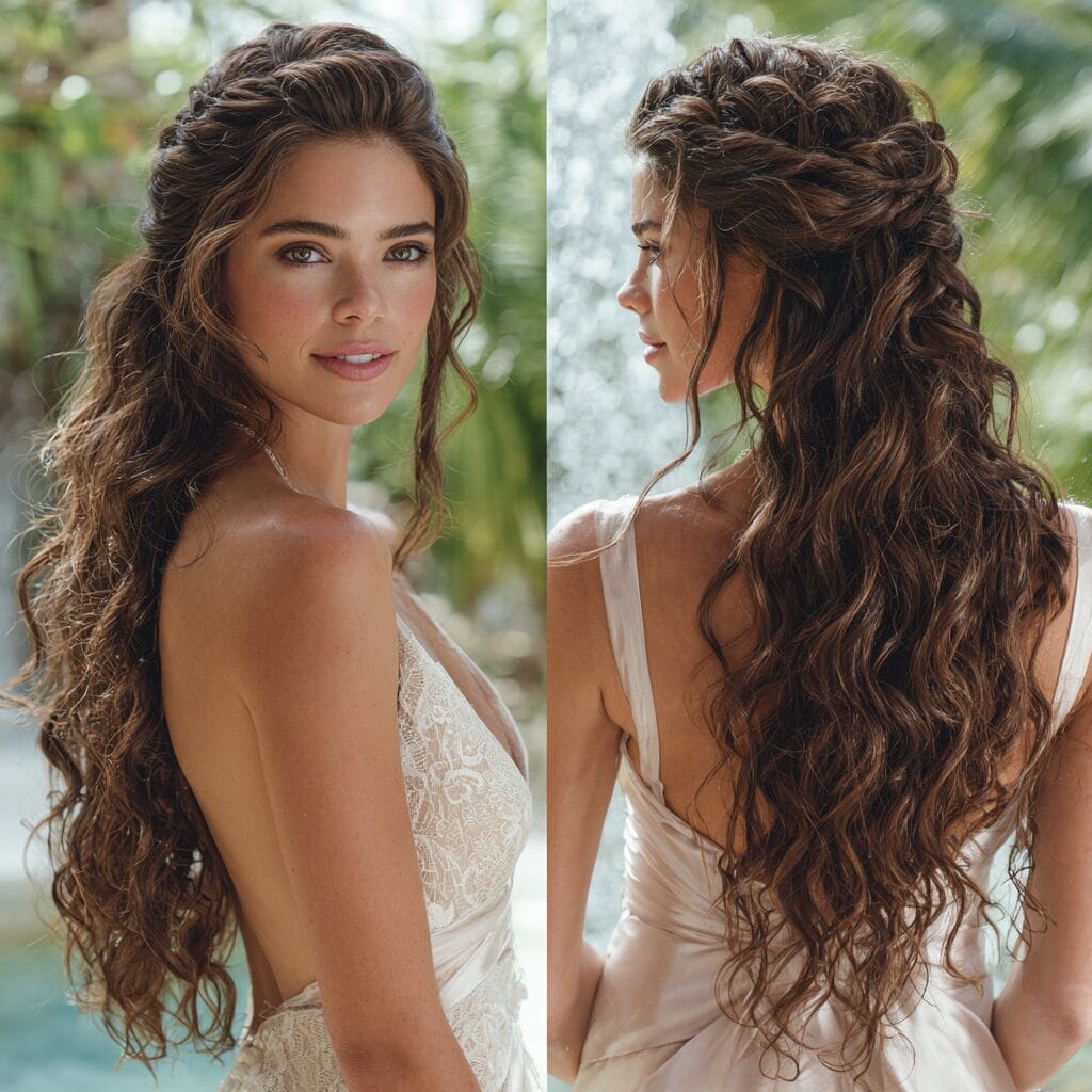 Loose defined curls bridal hairstyle with pinned support