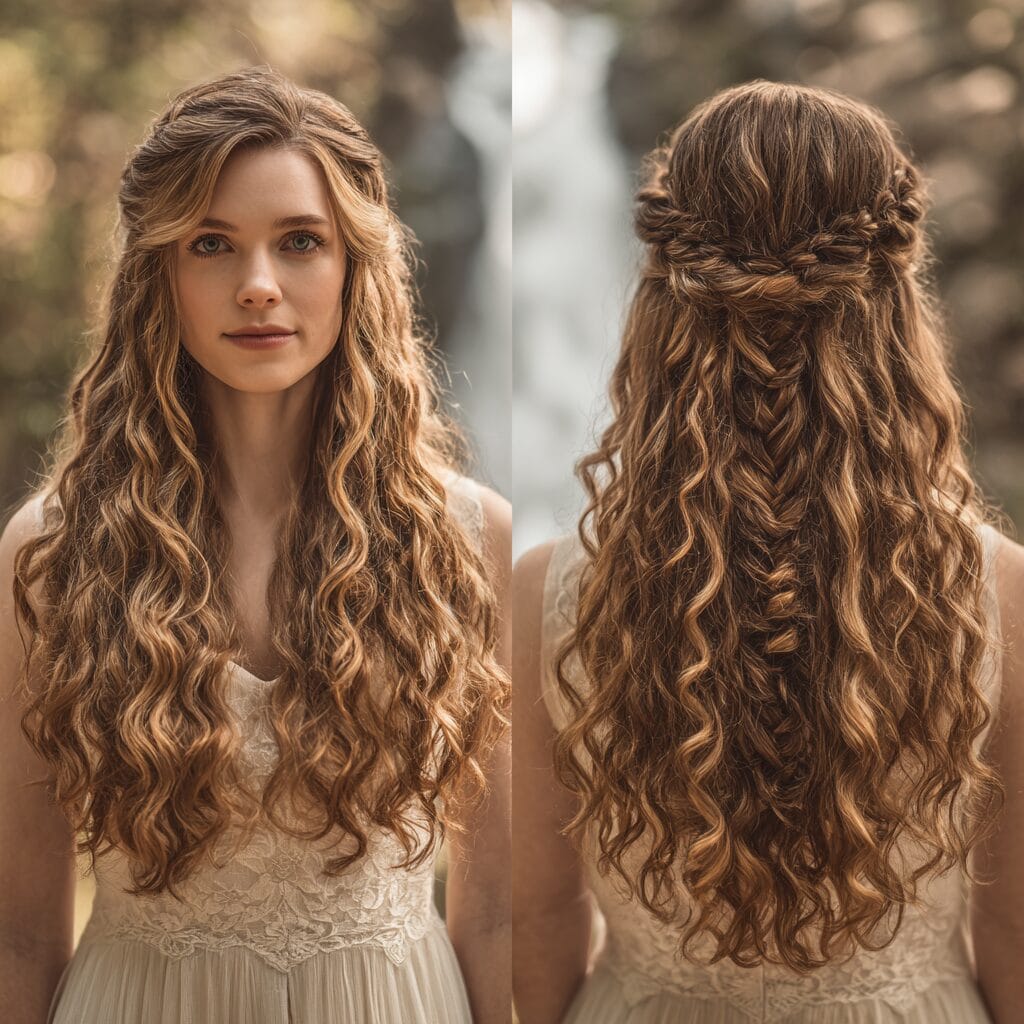 Curly bun with volume wedding hairstyle soft and structured