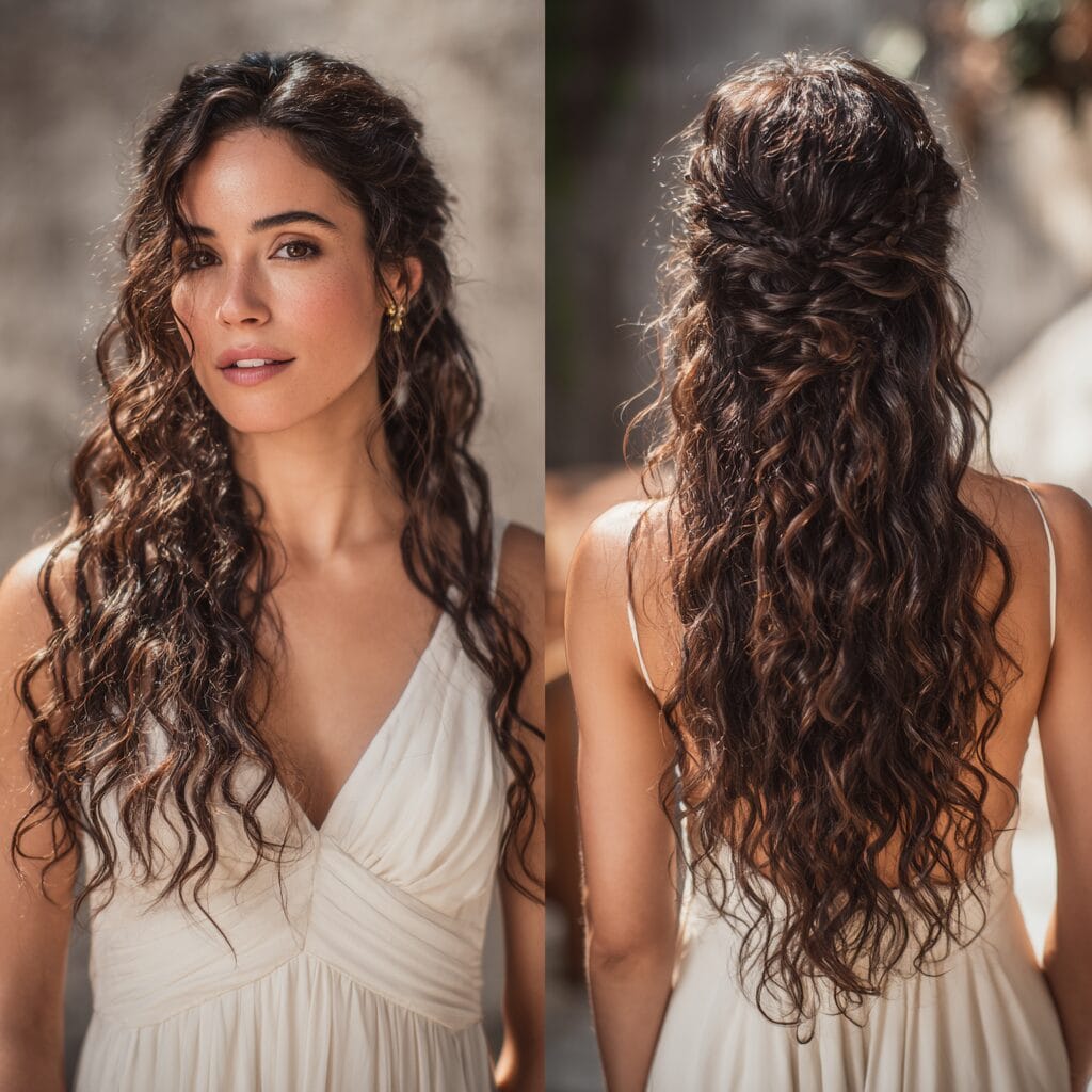Curly side-swept wedding hairstyle elegant and balanced