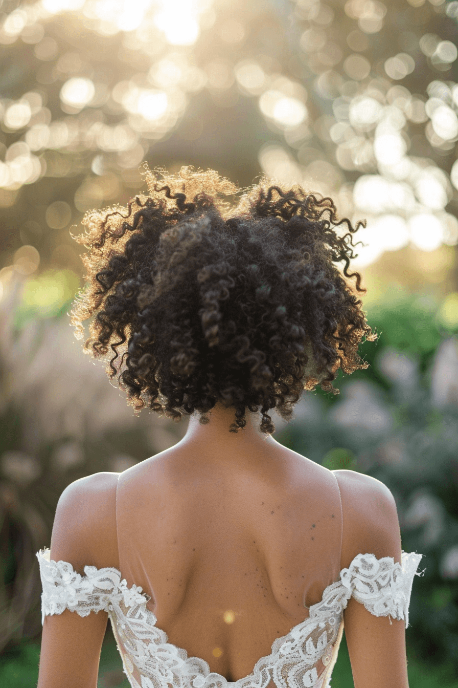 Defined coily bridal hairstyle with natural curls, soft outdoor back view