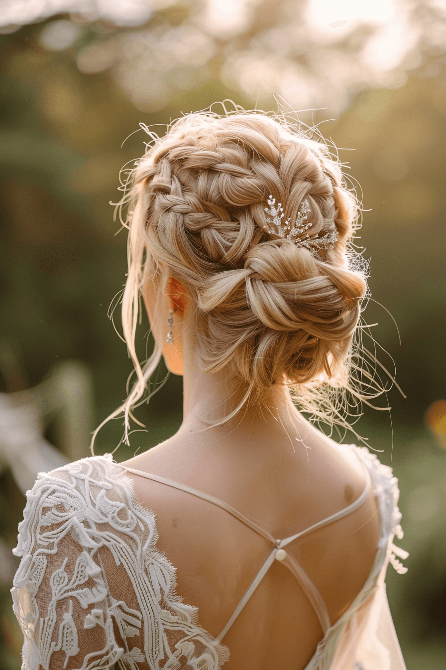 Double crown braid bridal hairstyle for long hair, intricate and elegant