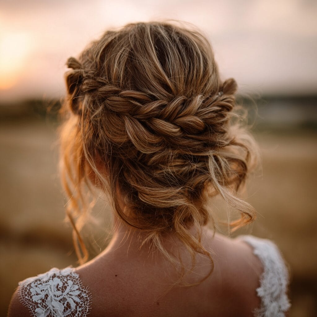 Double braids into bun wedding hairstyle for extra durability