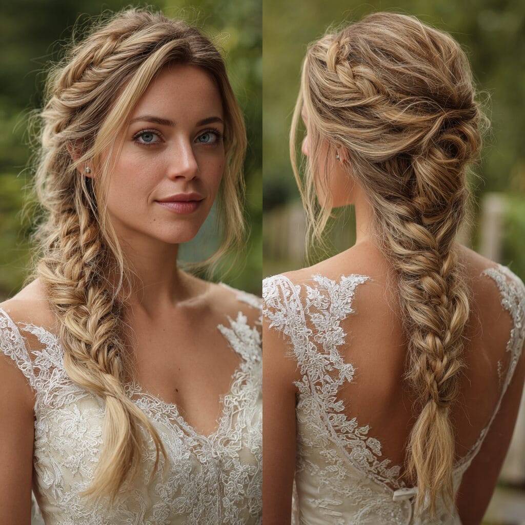 Fishtail braid wedding hairstyle with intricate texture