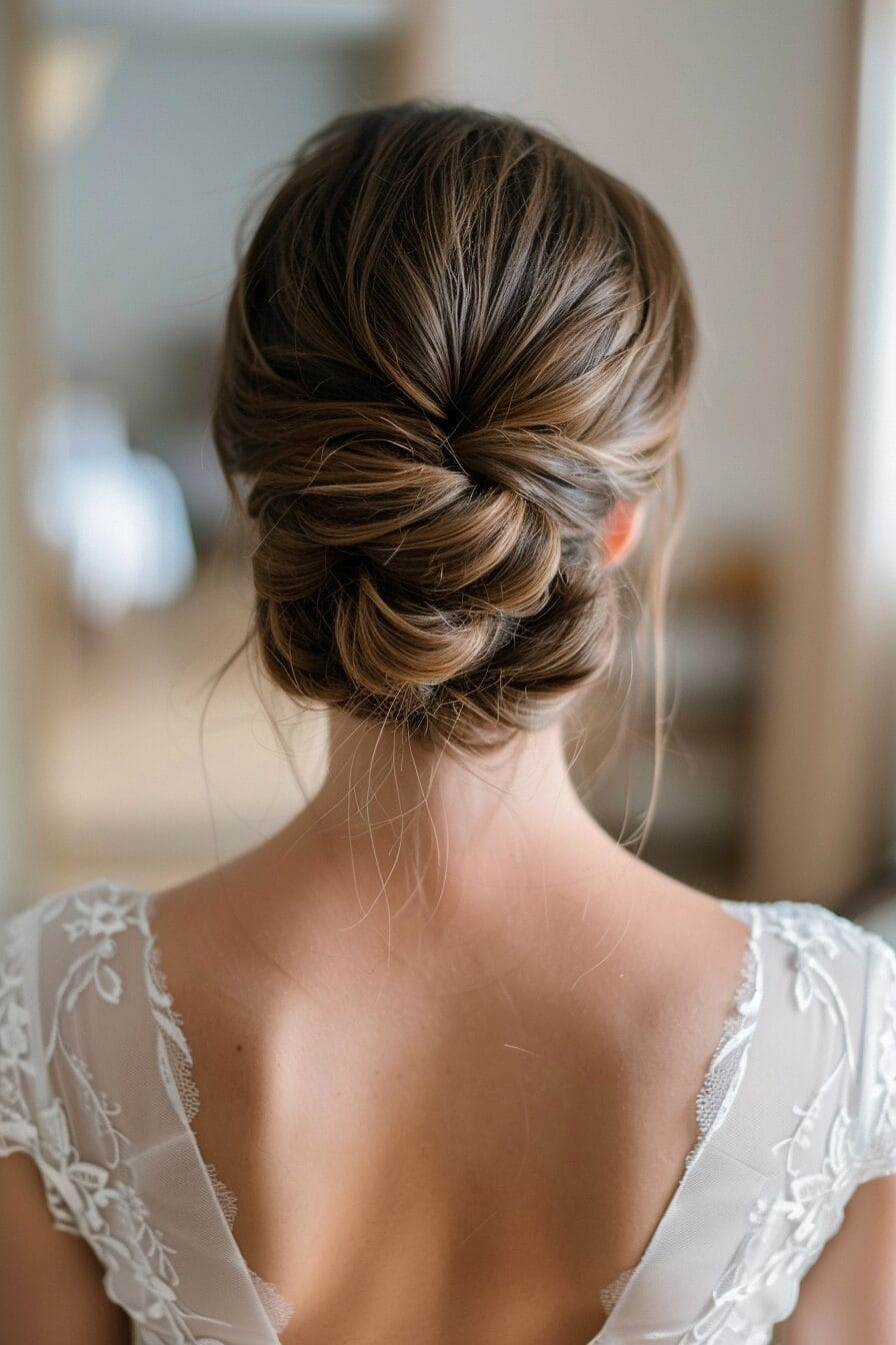 Low chignon with volume crown bridal hairstyle balanced and elegant